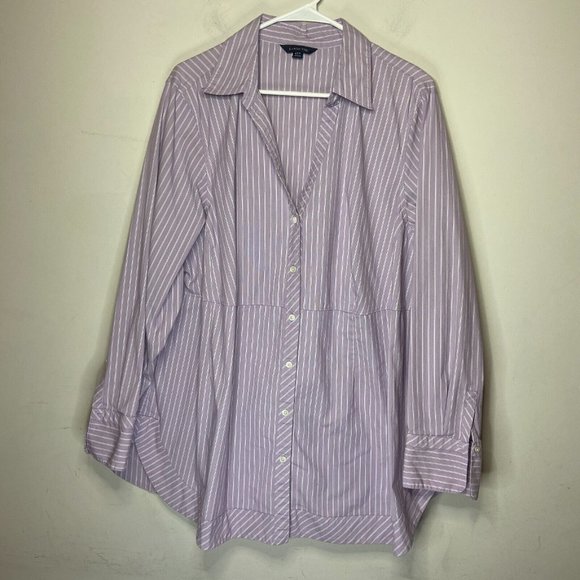 Lands End Women Plus 24W Striped Button Up Shirt Blouse Purple Collar Stretch - Picture 1 of 10